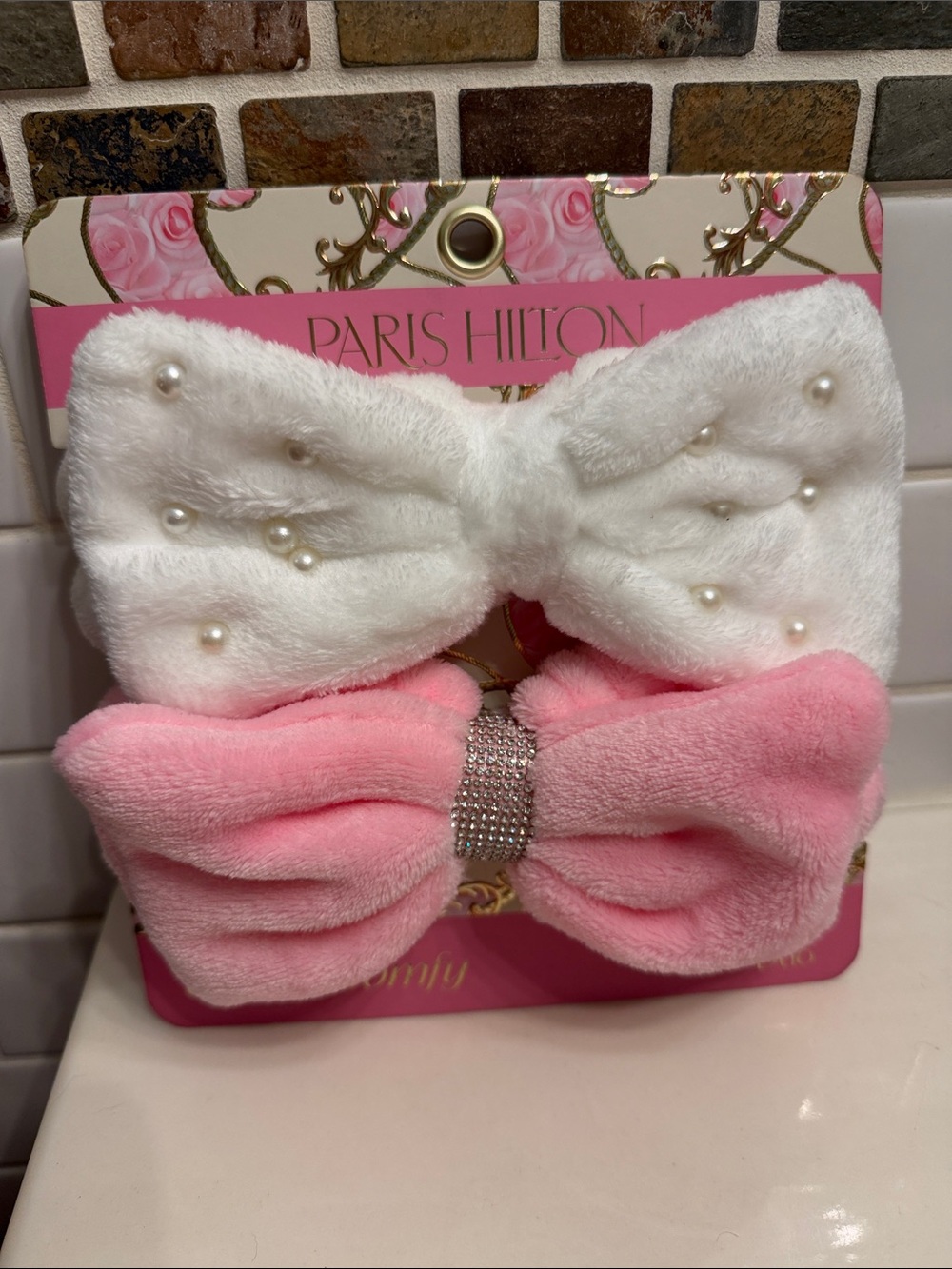 Paris Hilton Plush Bow Headbands in White & Pink with Pearls and Rhinestones